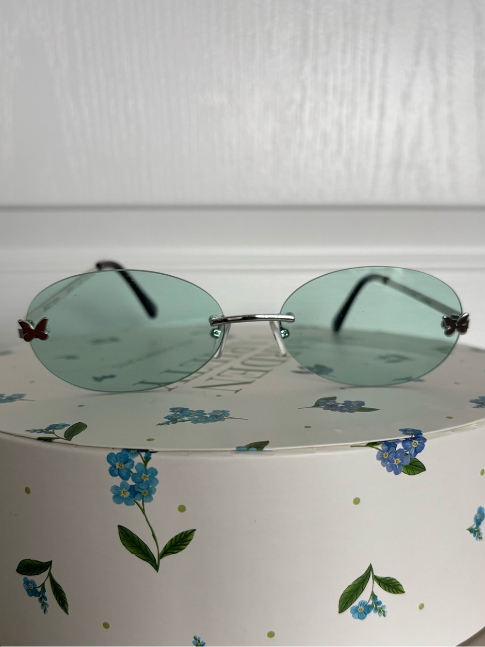 Target Y2K Light Green Rimless Oval Sunglasses with Butterfly accent